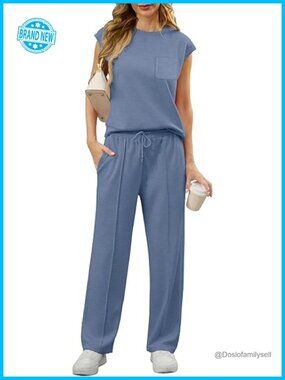 2 Piece Lounge Set Sleeveless Sweatsuit Wide Leg Pants Tracksuit with Pockets